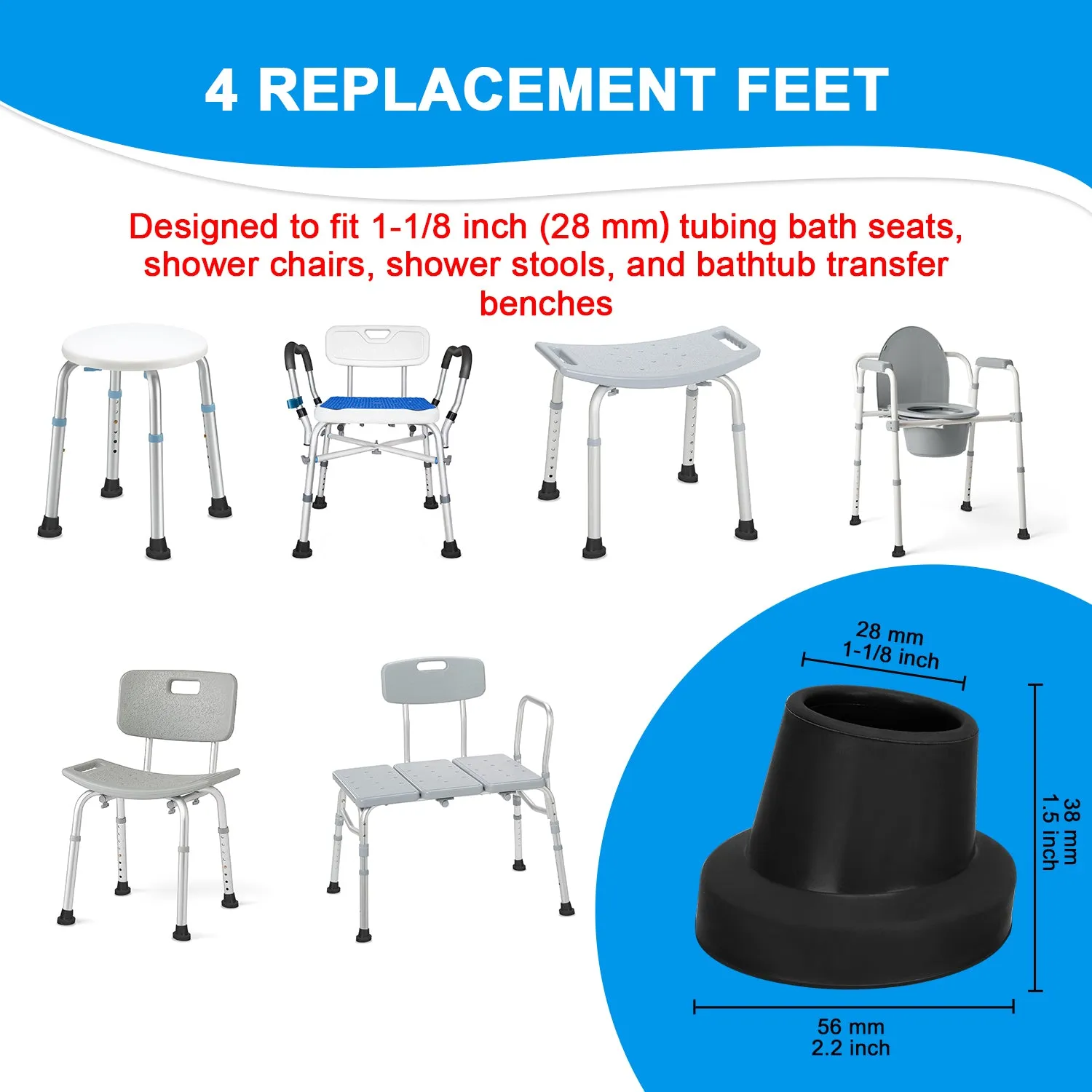 1-1/8" Shower Chair Feet, Non-Slip Suction Pads, 4-Pack
