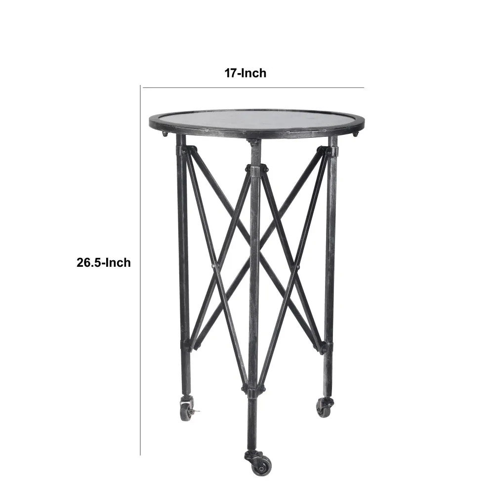 27 Inch Side Table, Round Metal Body, Glass Tabletop, 3 Wheels, Silver By Casagear Home