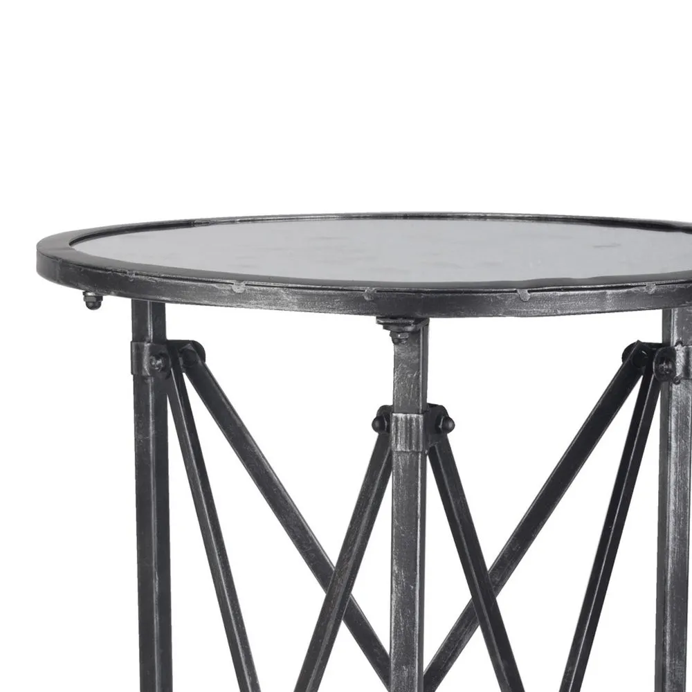 27 Inch Side Table, Round Metal Body, Glass Tabletop, 3 Wheels, Silver By Casagear Home