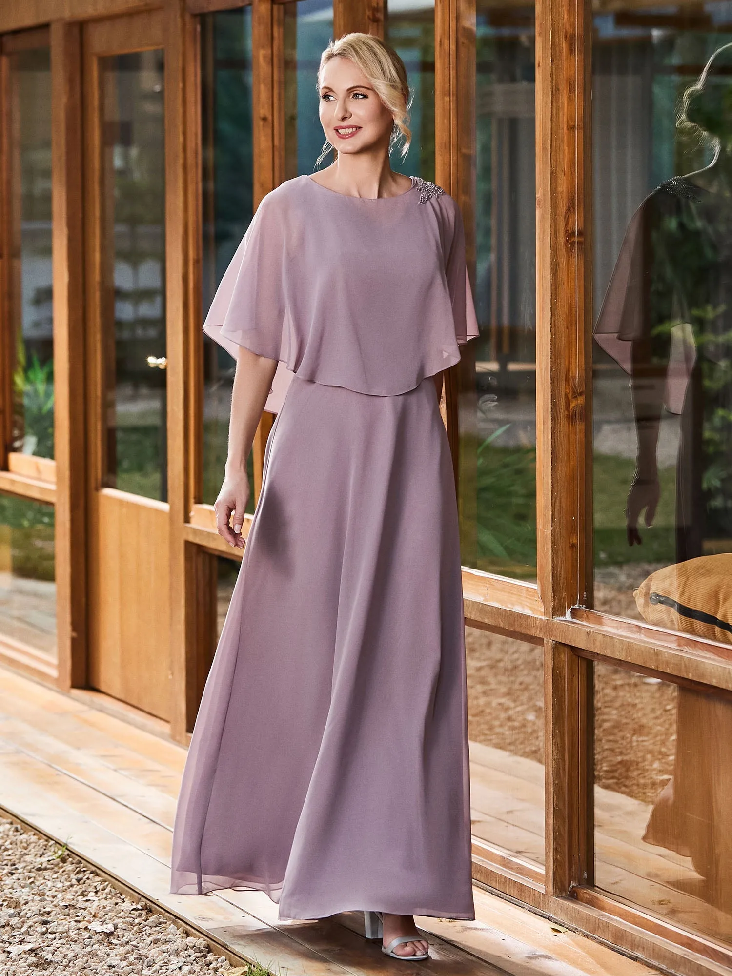 A-line Flutter Cape Sleeves Dress Emerald