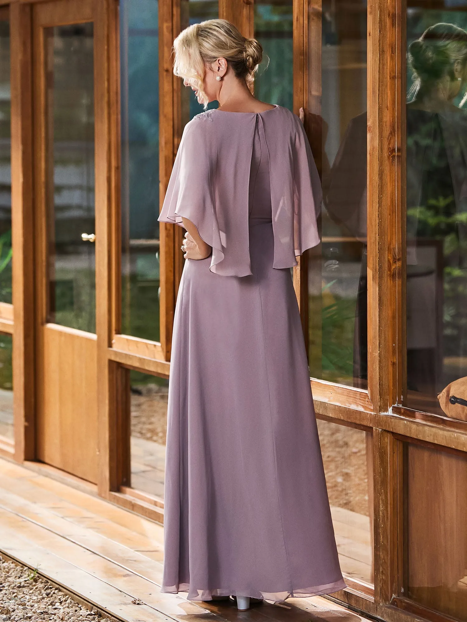 A-line Flutter Cape Sleeves Dress Emerald