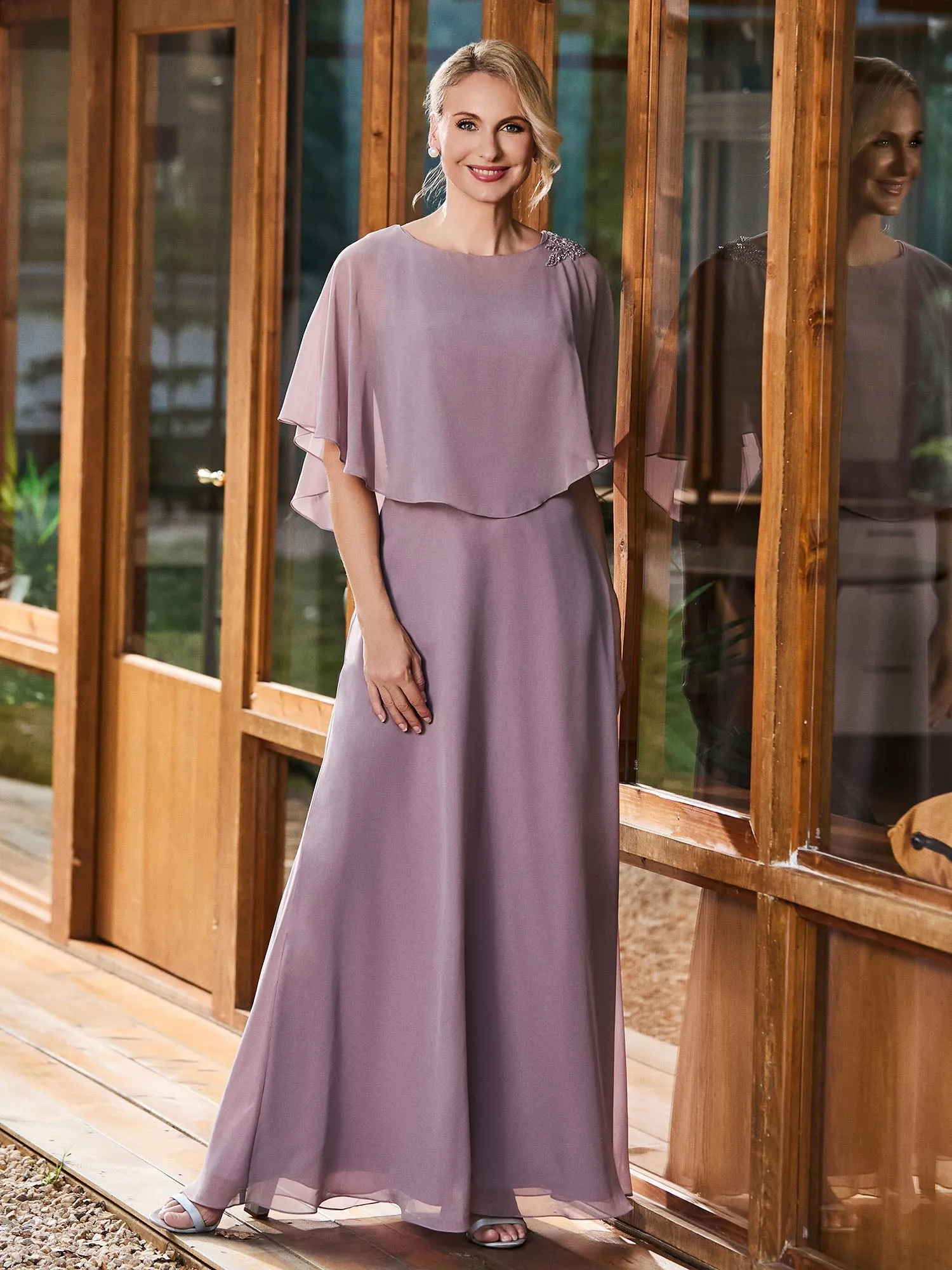A-line Flutter Cape Sleeves Dress Watermelon