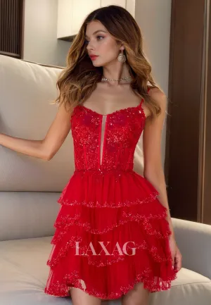 A-Line Spaghetti Straps Lace Appliques Sequins Tiered Party Homecoming Dress