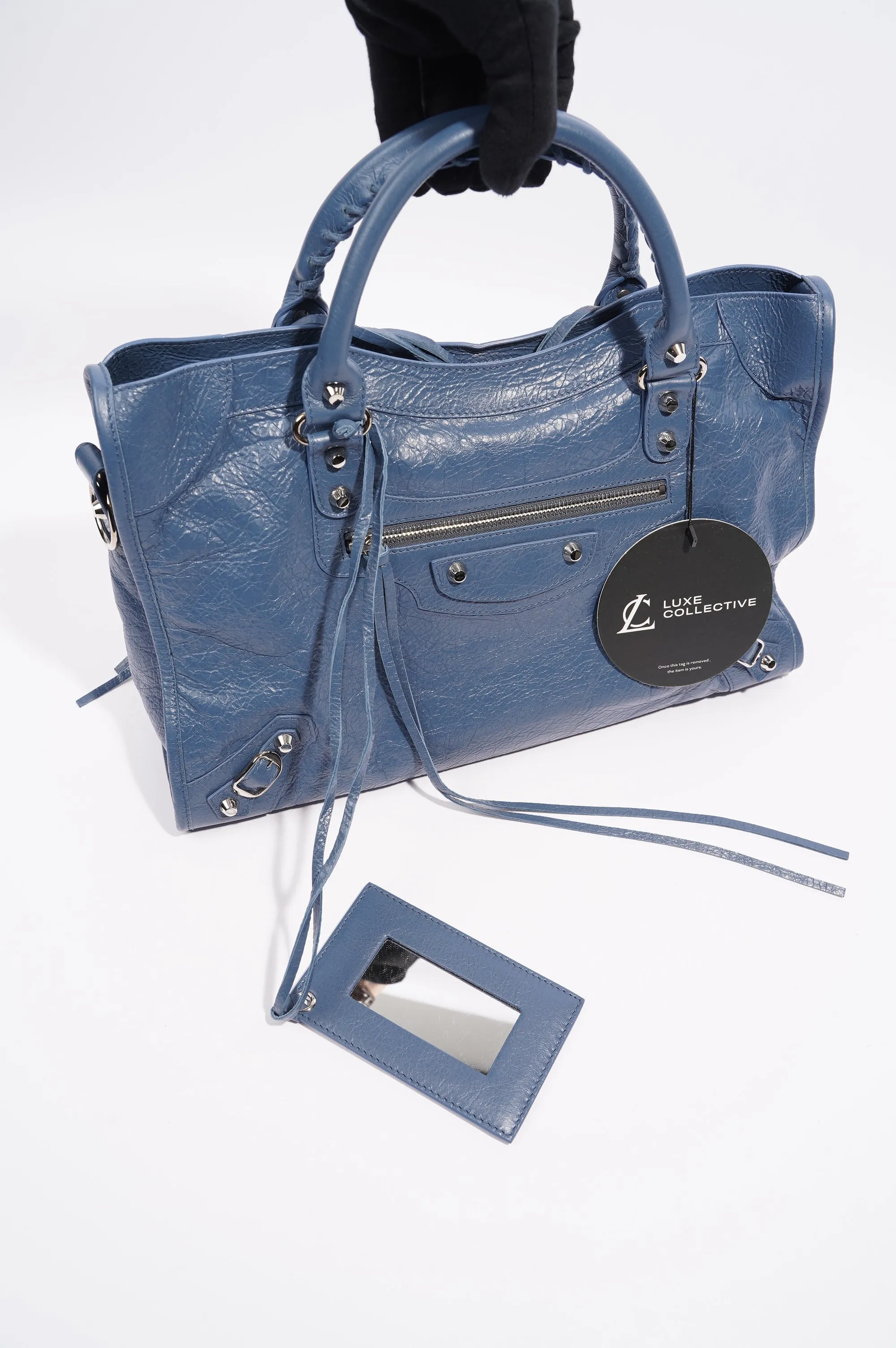 Balenciaga Womens Classic City Bag Blue Leather Small