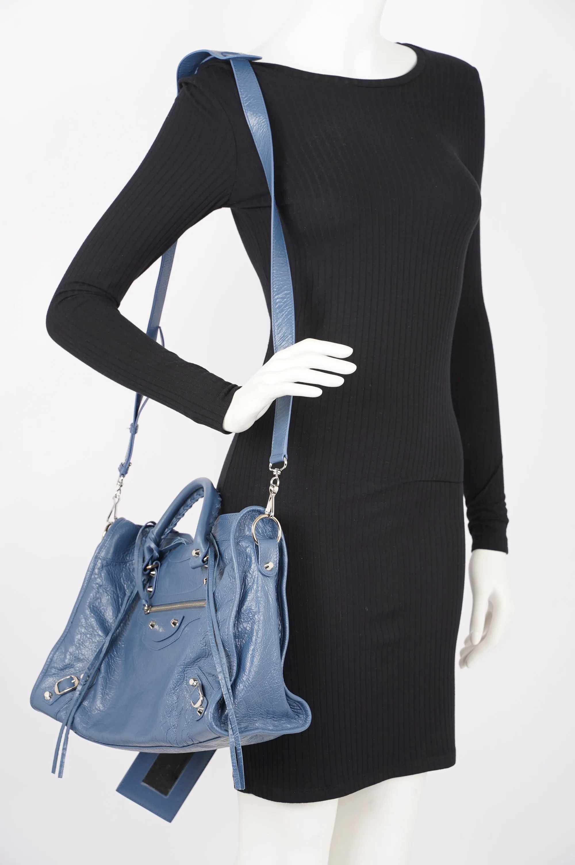 Balenciaga Womens Classic City Bag Blue Leather Small