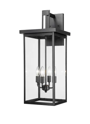 Barkeley Outdoor Wall Sconce - Powder Coated Black - Clear Glass - 12in. Extension - E26 Candelabra Base