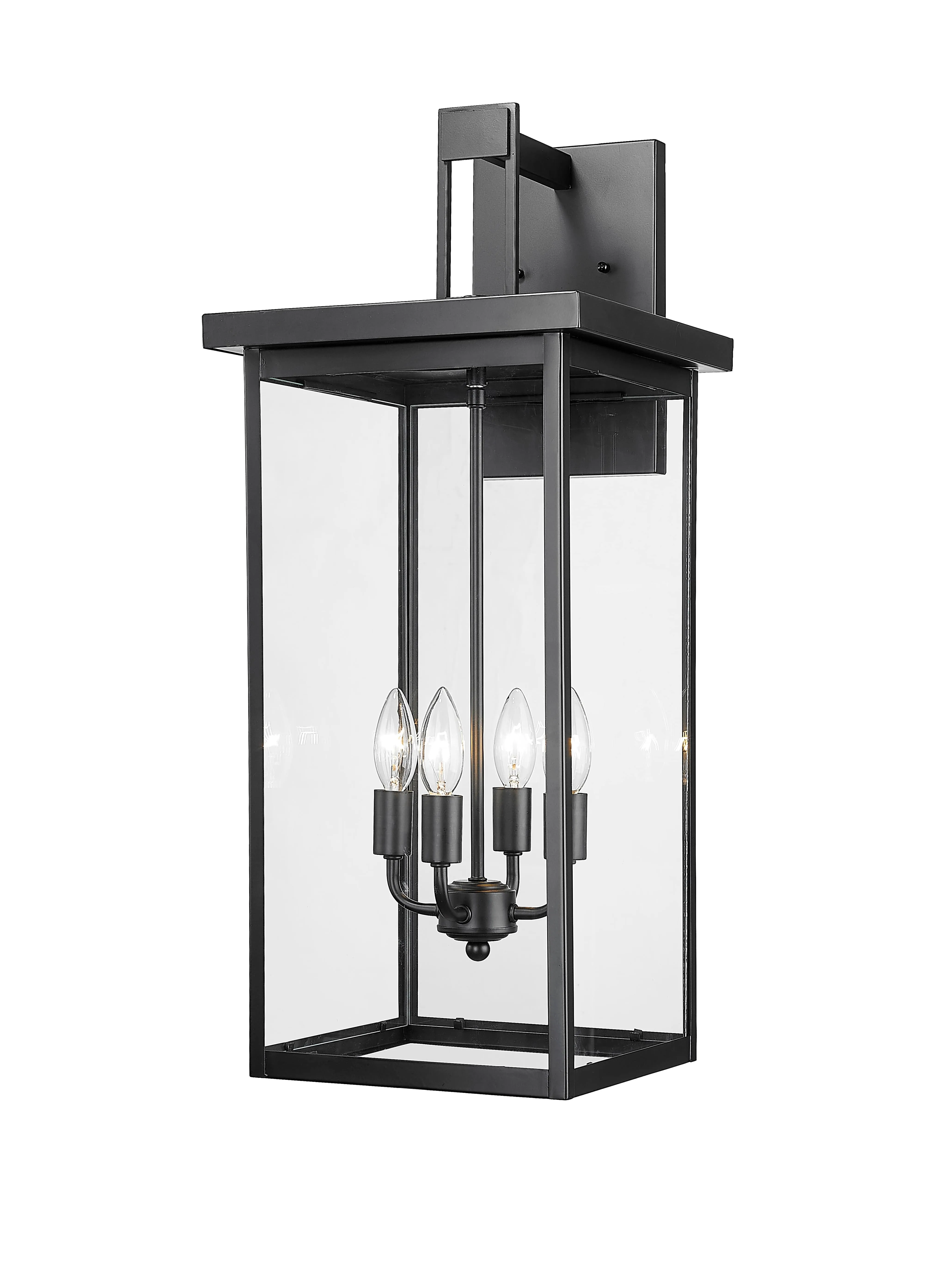 Barkeley Outdoor Wall Sconce - Powder Coated Black - Clear Glass - 12in. Extension - E26 Candelabra Base
