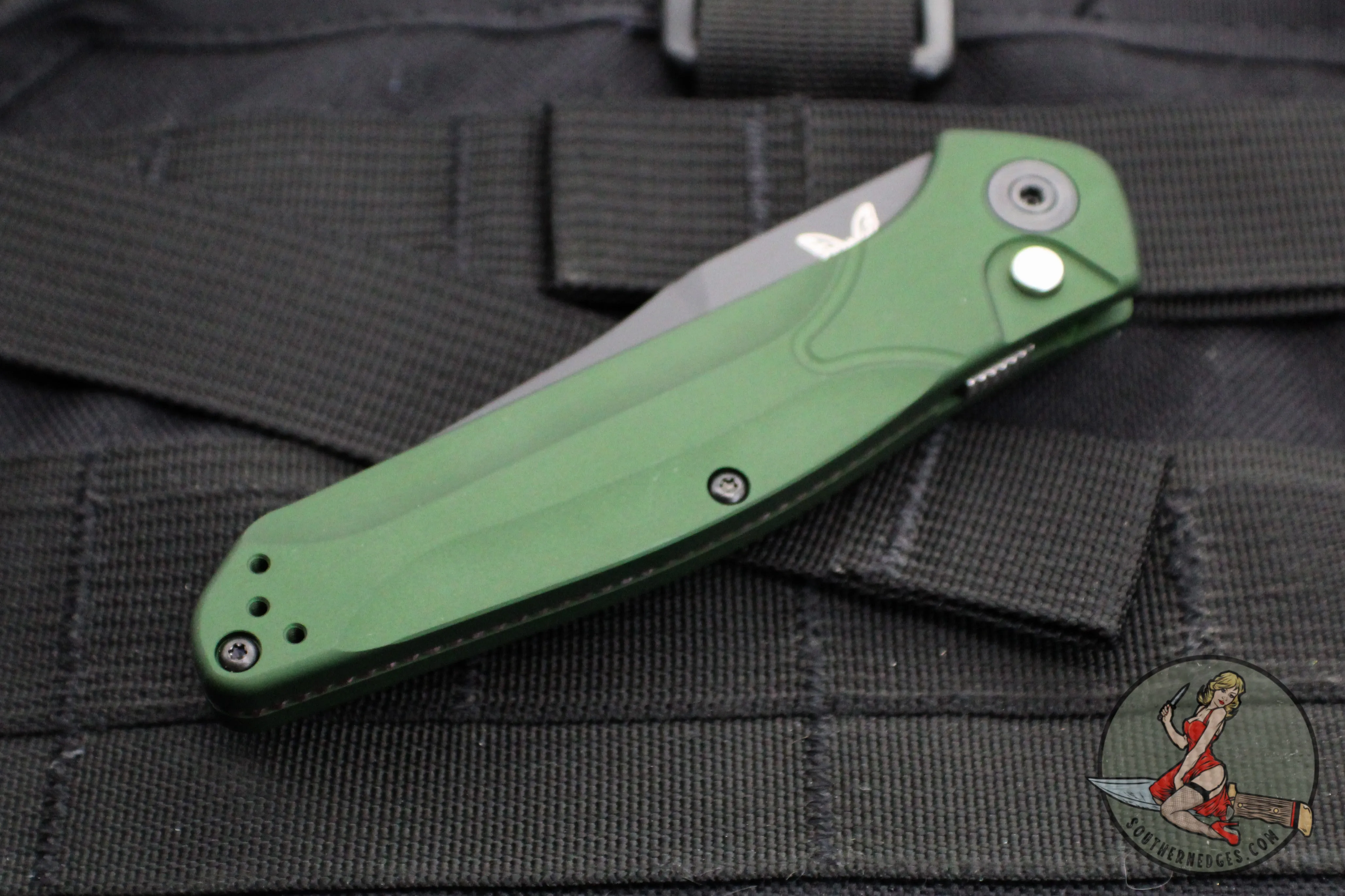Benchmade Osbourne AUTO OTS Reverse Tanto Green w Purple Backspacer Black Blade Axis lock folder 9400BK