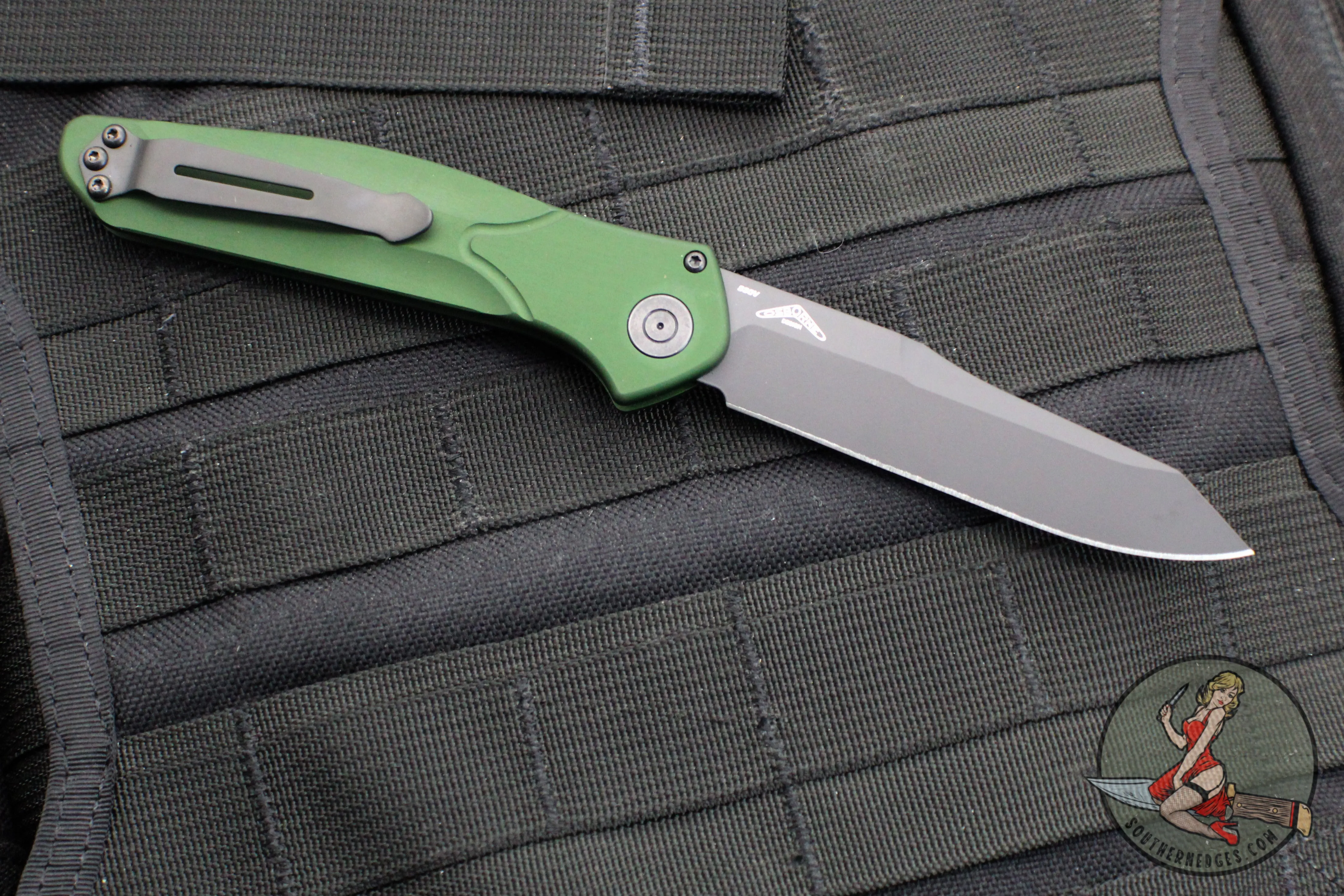 Benchmade Osbourne AUTO OTS Reverse Tanto Green w Purple Backspacer Black Blade Axis lock folder 9400BK