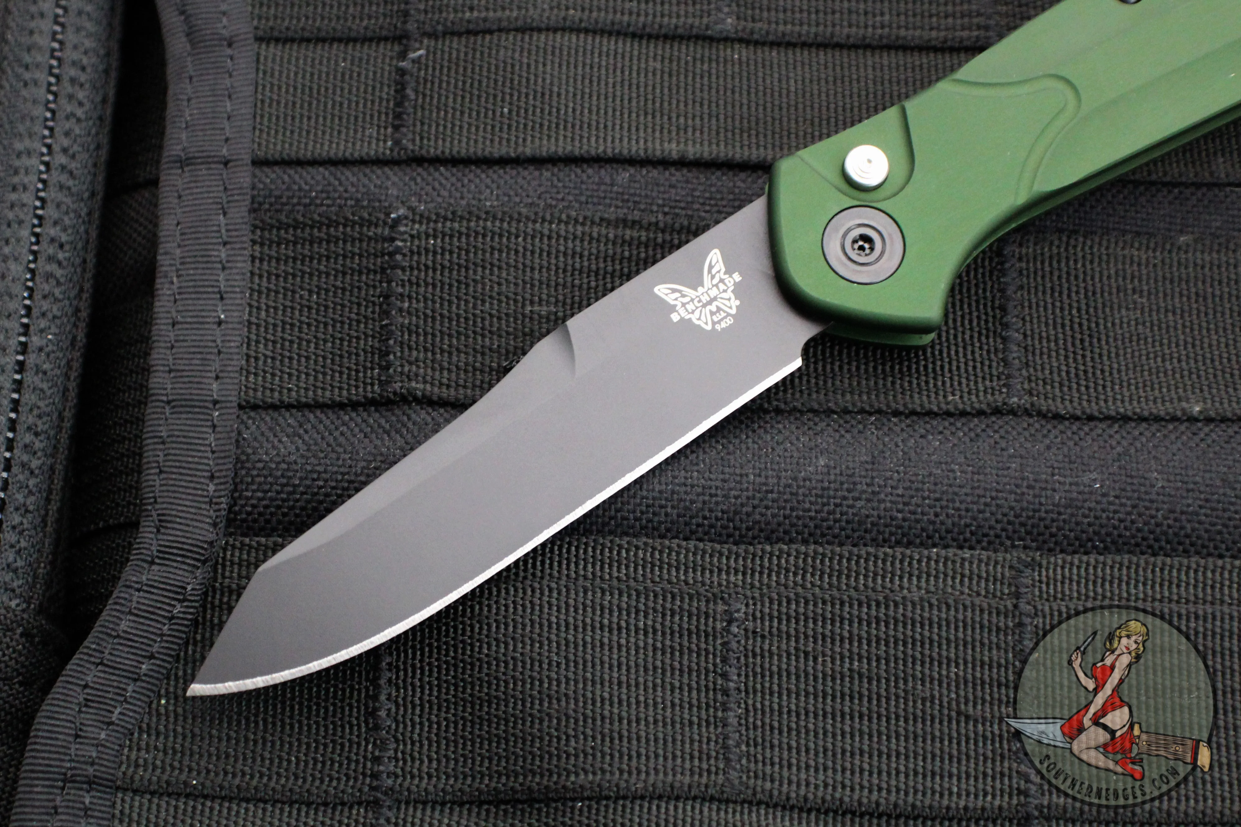 Benchmade Osbourne AUTO OTS Reverse Tanto Green w Purple Backspacer Black Blade Axis lock folder 9400BK