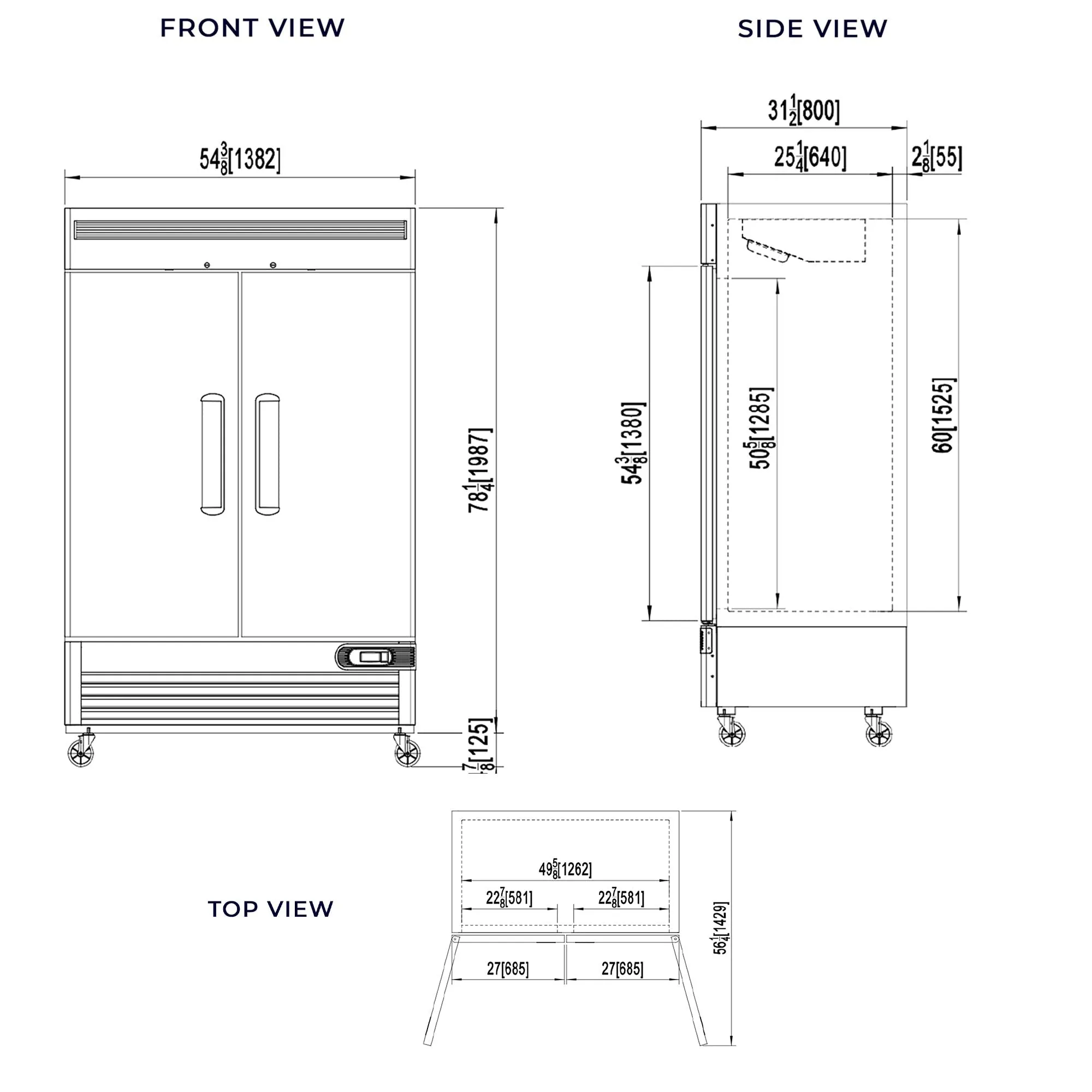 Commercial Reach in Freezer 2 Section Solid Door, 54” Width, Bottom Mount Compressor, 49 Cu Ft Frigos Premium FGP-FZ-2DBC