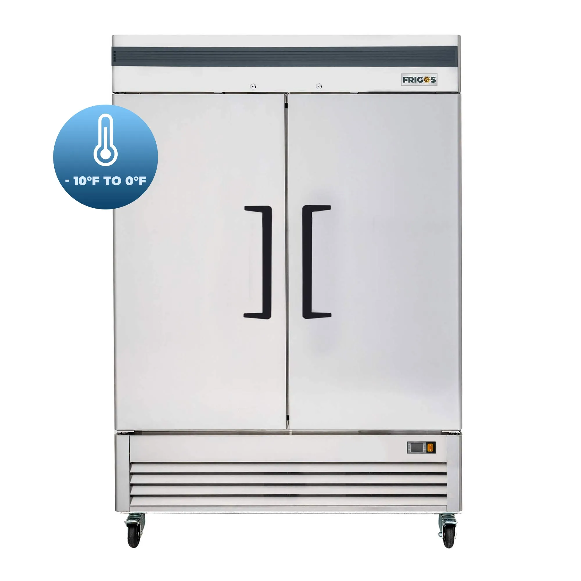 Commercial Reach in Freezer 2 Section Solid Door, 54” Width, Bottom Mount Compressor, 49 Cu Ft Frigos Premium FGP-FZ-2DBC