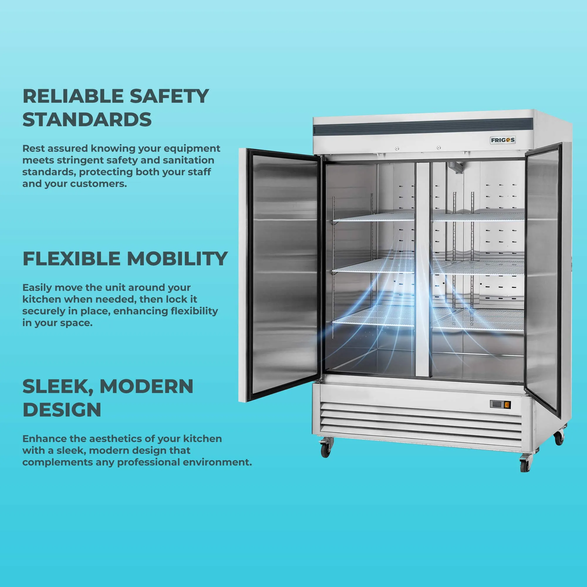 Commercial Reach in Freezer 2 Section Solid Door, 54” Width, Bottom Mount Compressor, 49 Cu Ft Frigos Premium FGP-FZ-2DBC