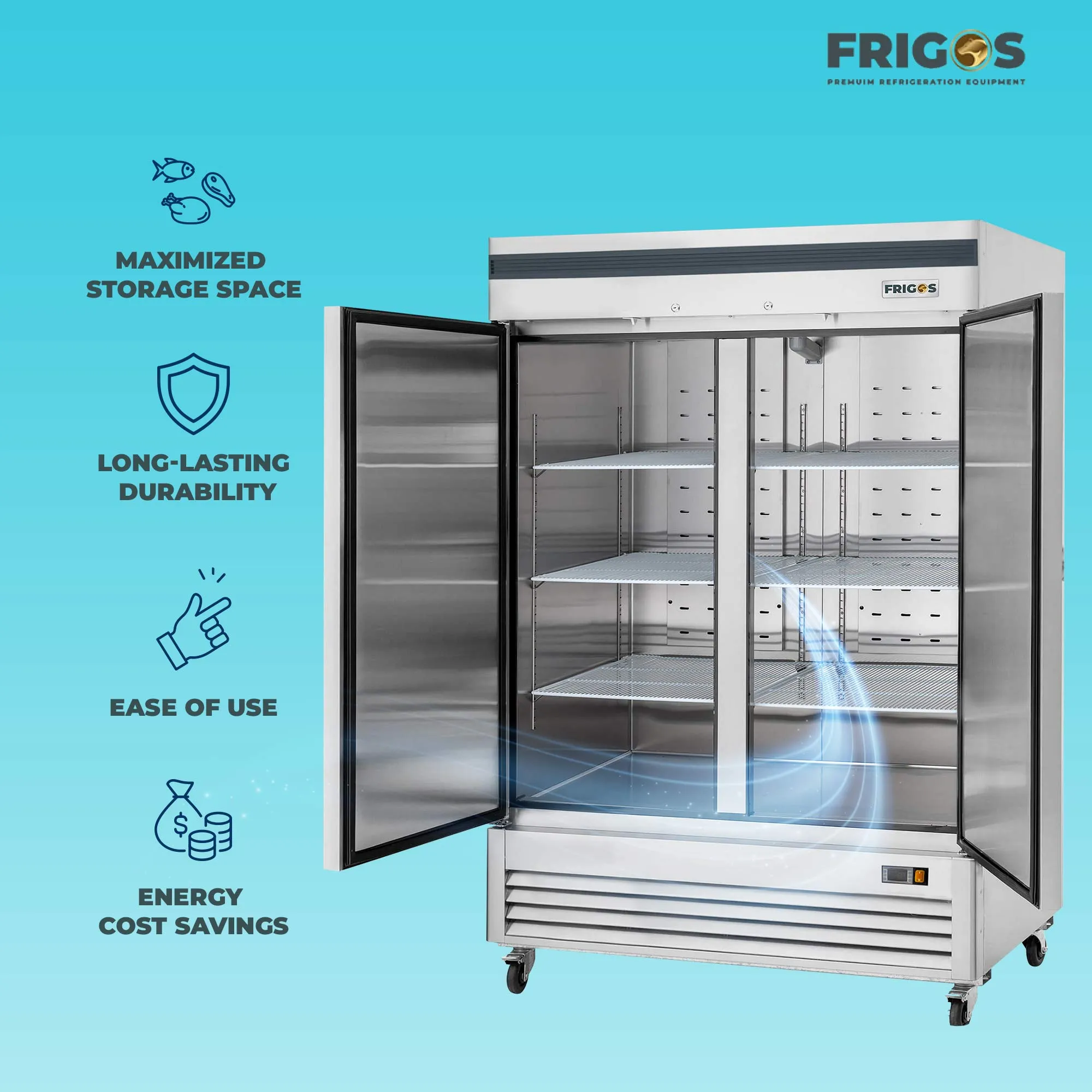 Commercial Reach in Freezer 2 Section Solid Door, 54” Width, Bottom Mount Compressor, 49 Cu Ft Frigos Premium FGP-FZ-2DBC