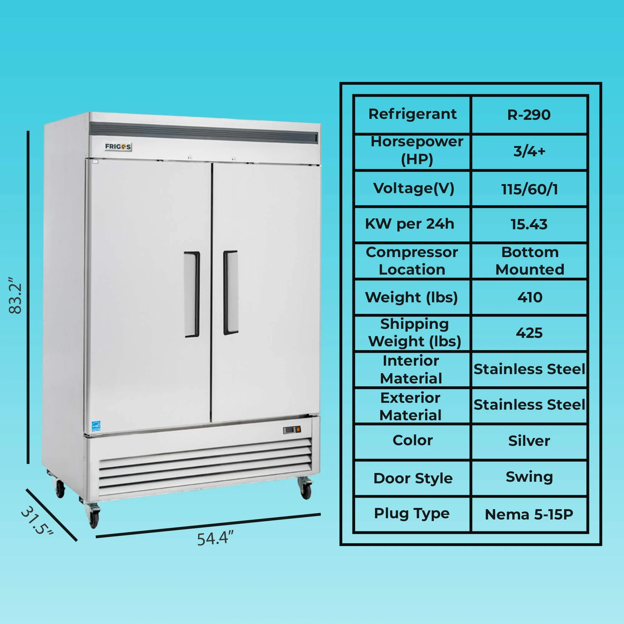 Commercial Reach in Freezer 2 Section Solid Door, 54” Width, Bottom Mount Compressor, 49 Cu Ft Frigos Premium FGP-FZ-2DBC