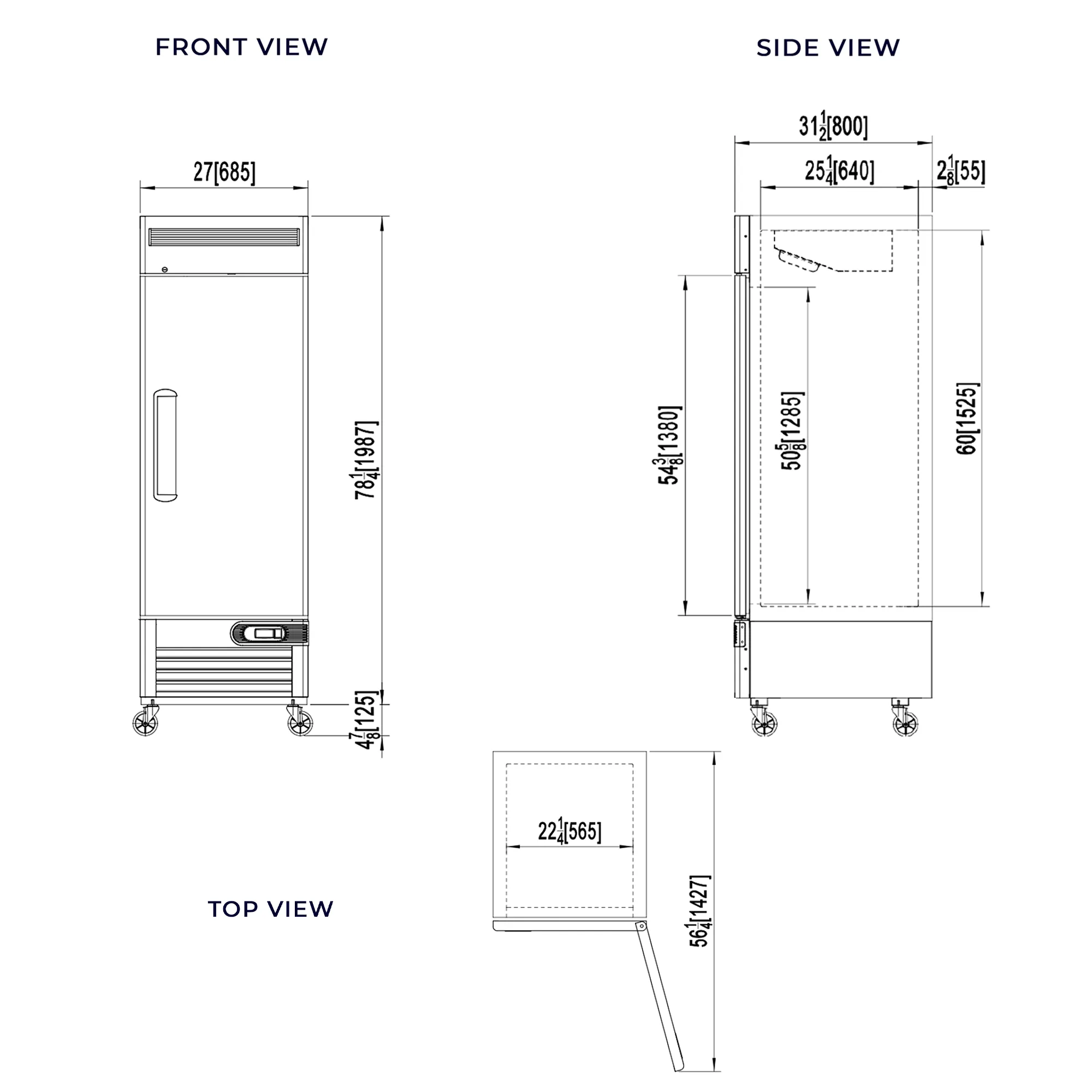 Commercial Reach in Refrigerator 1 Section Solid Door, 27" Width, Bottom Mount Compressor, 23 Cu Ft Frigos Premium FGP-RF-1DBC