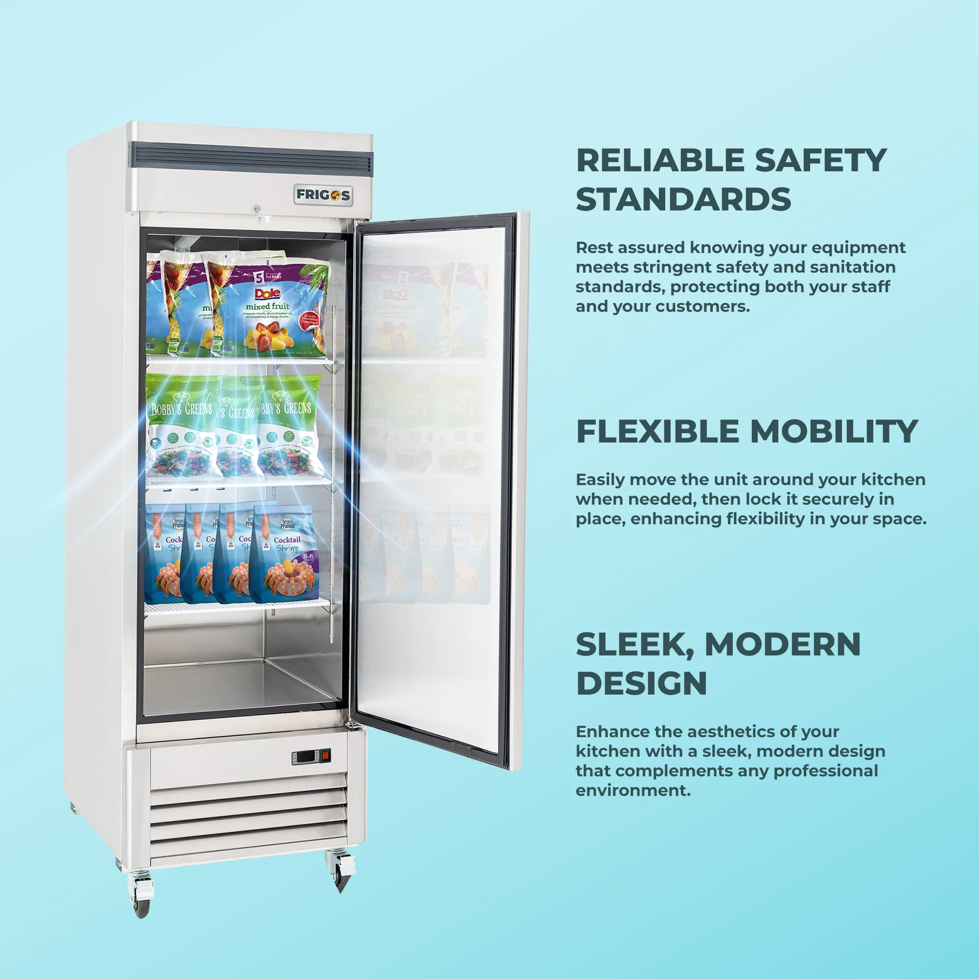 Commercial Reach in Refrigerator 1 Section Solid Door, 27" Width, Bottom Mount Compressor, 23 Cu Ft Frigos Premium FGP-RF-1DBC