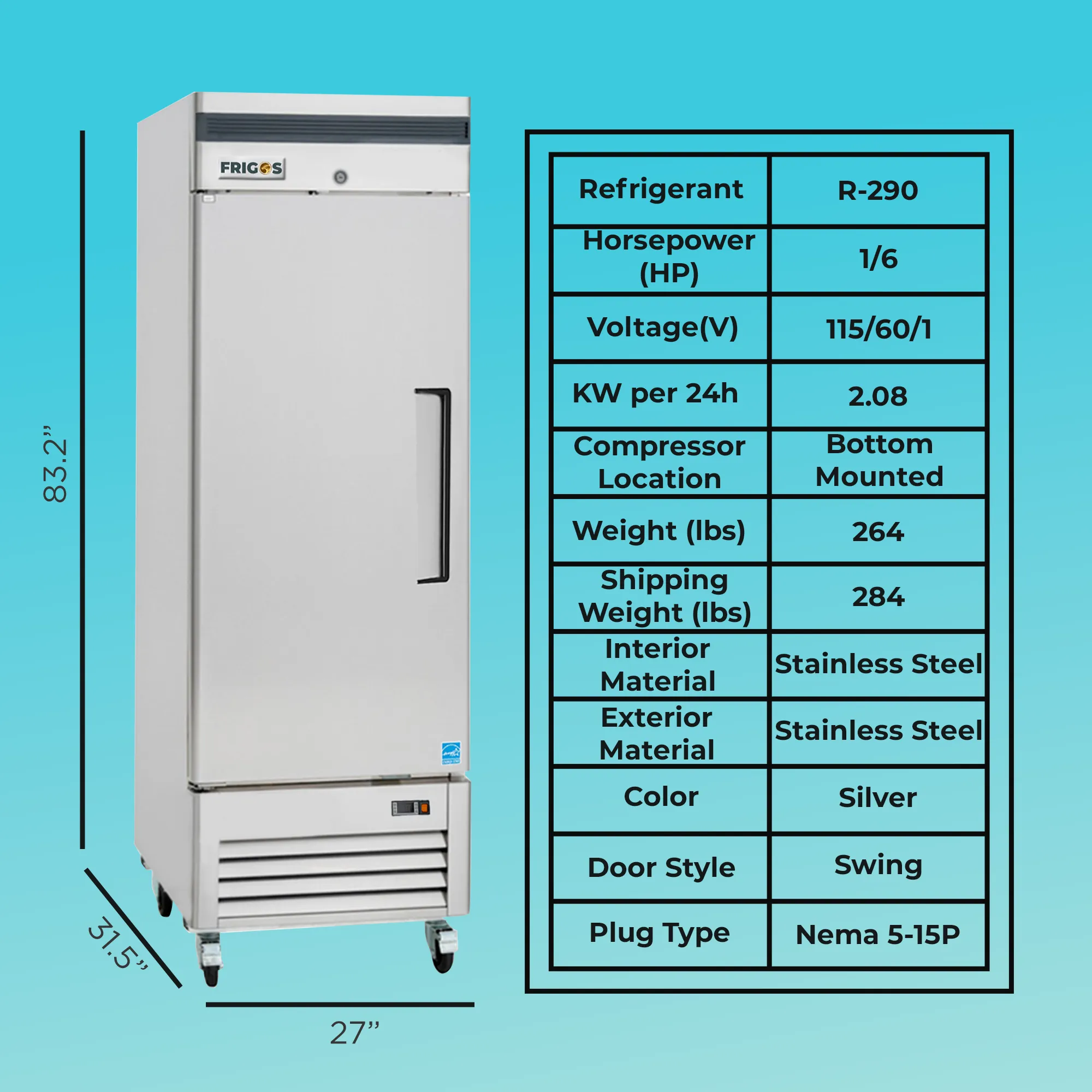 Commercial Reach in Refrigerator 1 Section Solid Door, 27" Width, Bottom Mount Compressor, 23 Cu Ft Frigos Premium FGP-RF-1DBC