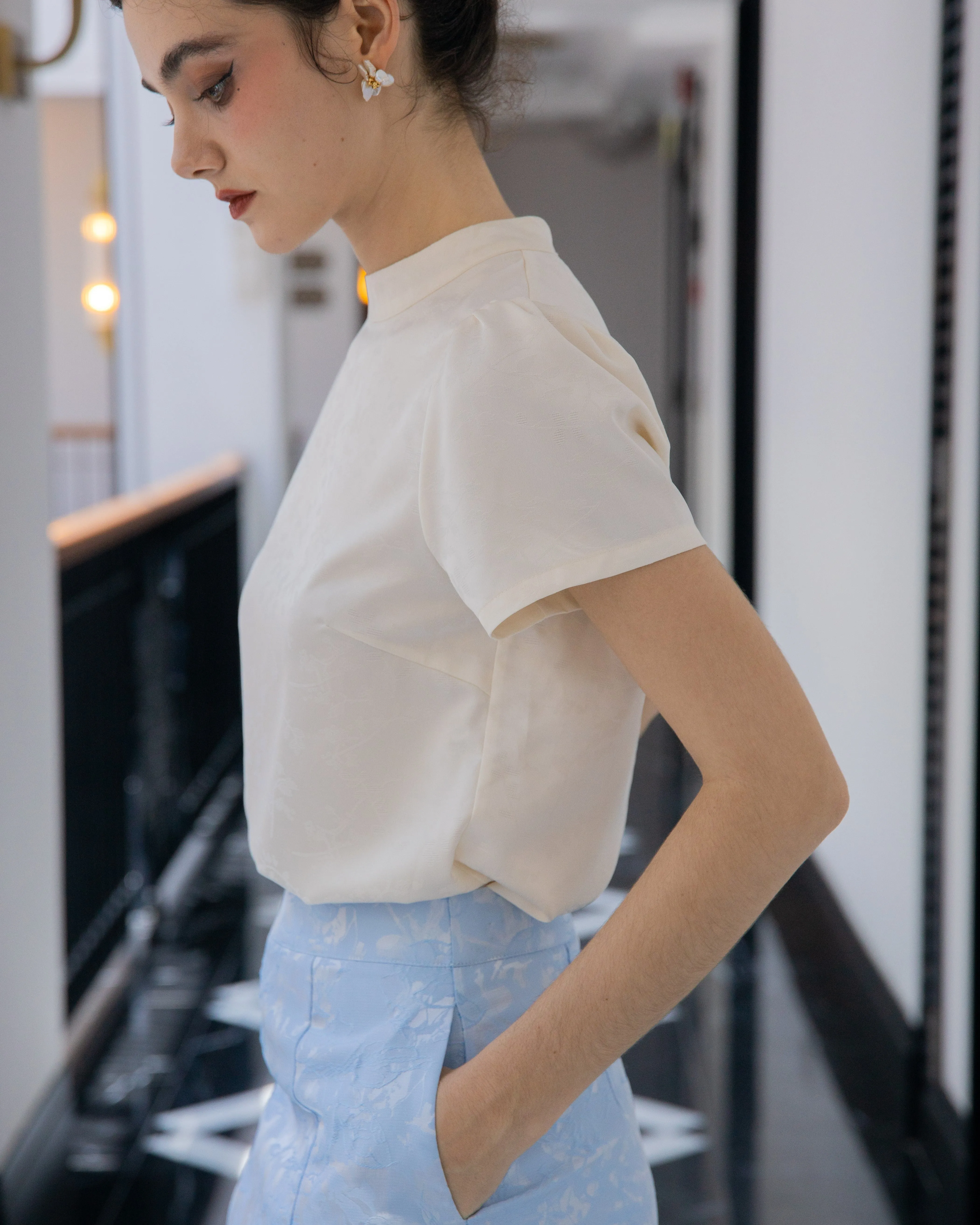 Glimmer Floral Mock Neck Top (Beige)