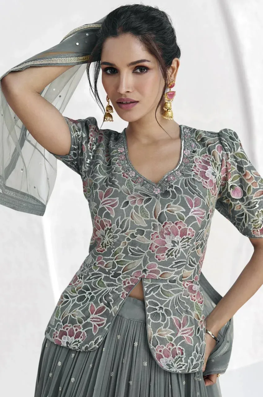 Graceful Grey Georgette Embroidered Party Wear Lehenga Choli