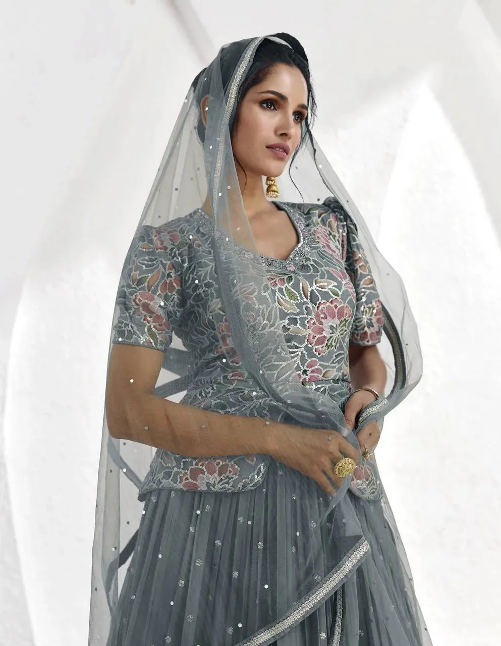 Graceful Grey Georgette Embroidered Party Wear Lehenga Choli