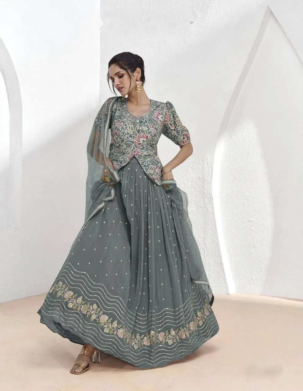 Graceful Grey Georgette Embroidered Party Wear Lehenga Choli