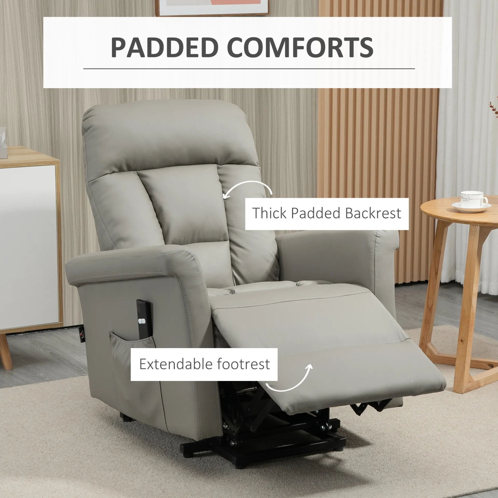 HOMCOM Power Lift Chair - Grey PU Leather Recliner Sofa for Elderly with Remote Control and Side Pocket