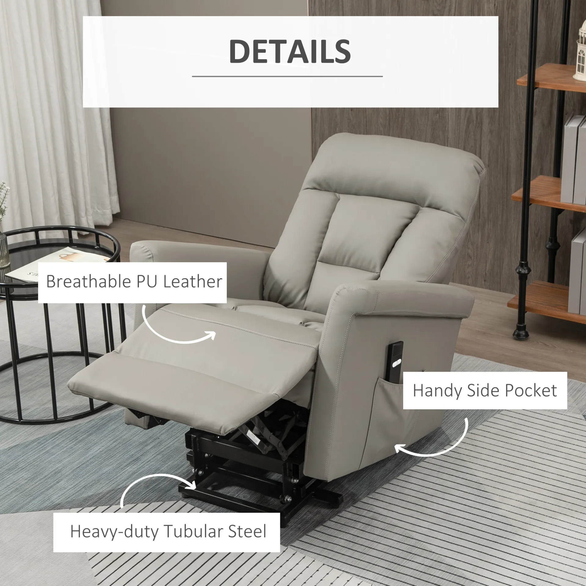 HOMCOM Power Lift Chair - Grey PU Leather Recliner Sofa for Elderly with Remote Control and Side Pocket