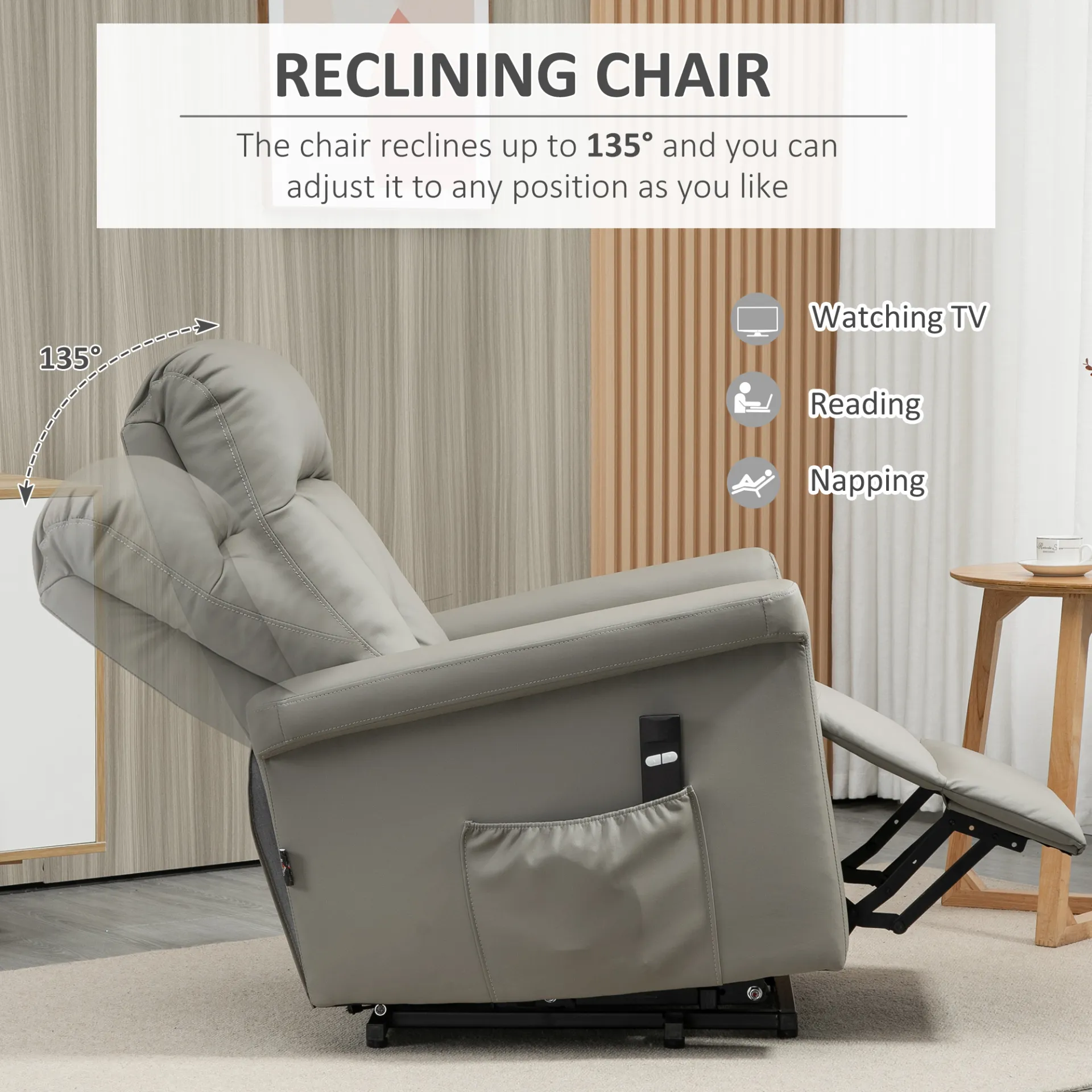 HOMCOM Power Lift Chair - Grey PU Leather Recliner Sofa for Elderly with Remote Control and Side Pocket