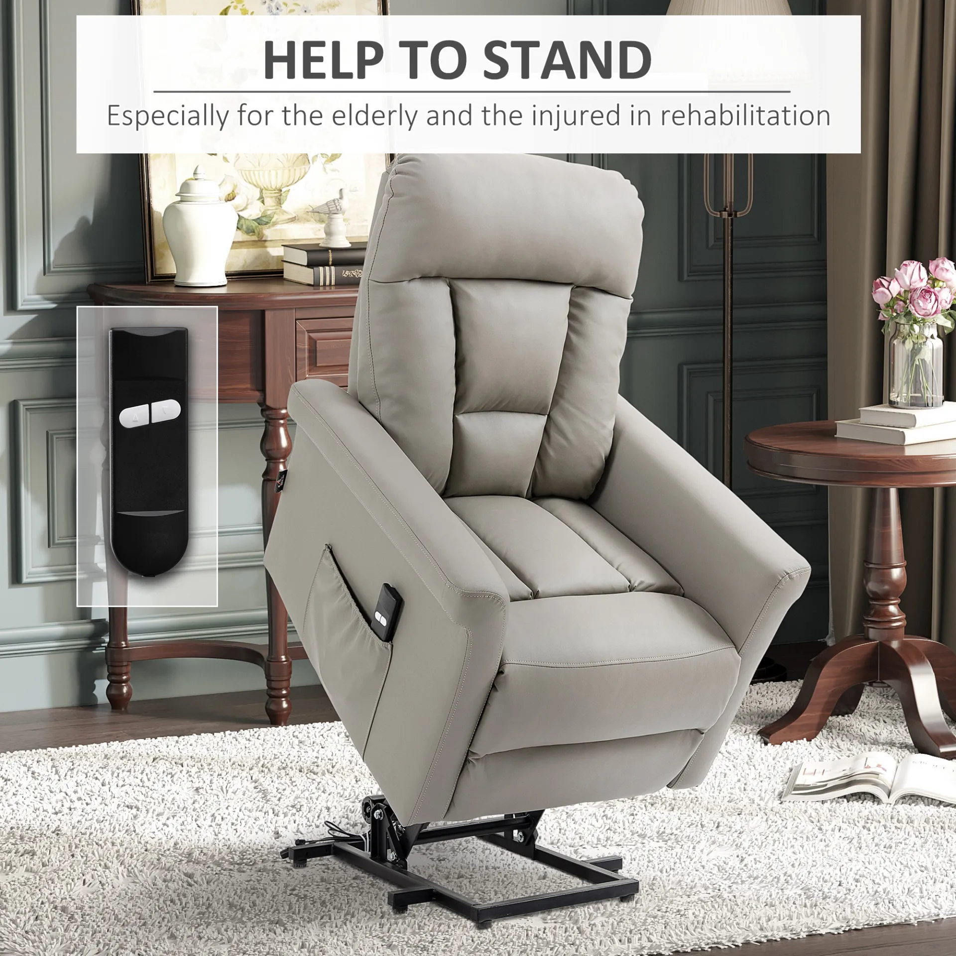 HOMCOM Power Lift Chair - Grey PU Leather Recliner Sofa for Elderly with Remote Control and Side Pocket