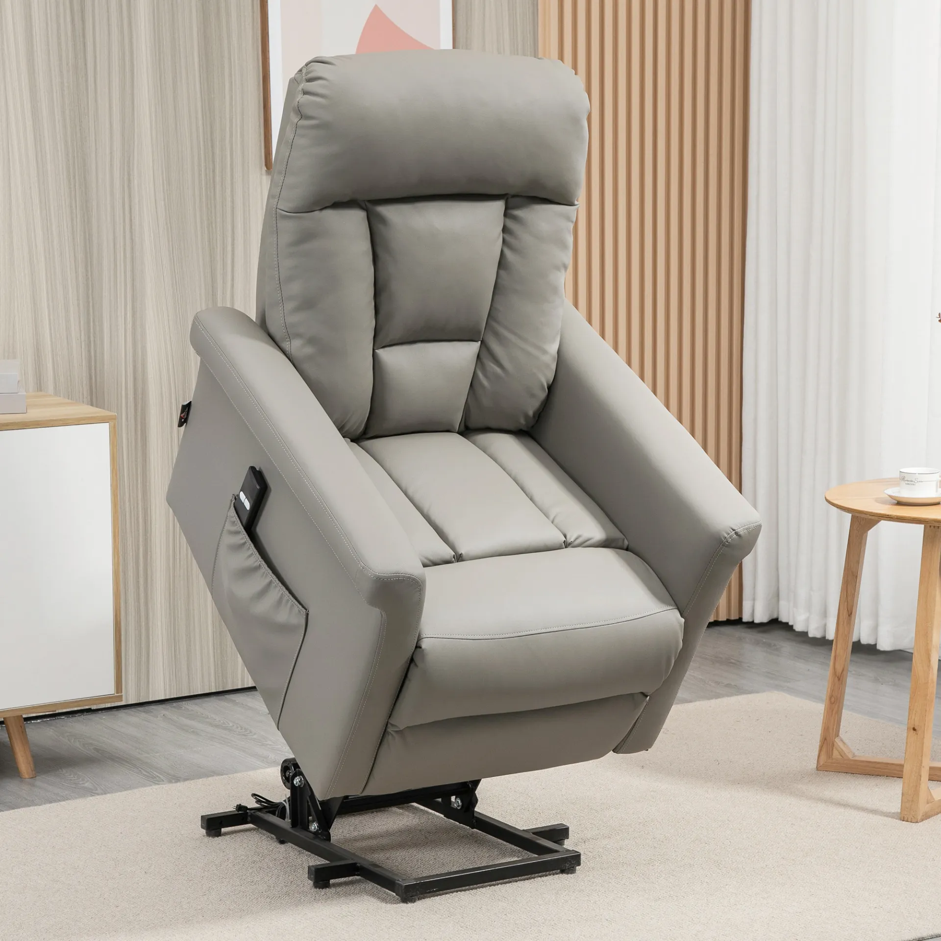 HOMCOM Power Lift Chair - Grey PU Leather Recliner Sofa for Elderly with Remote Control and Side Pocket