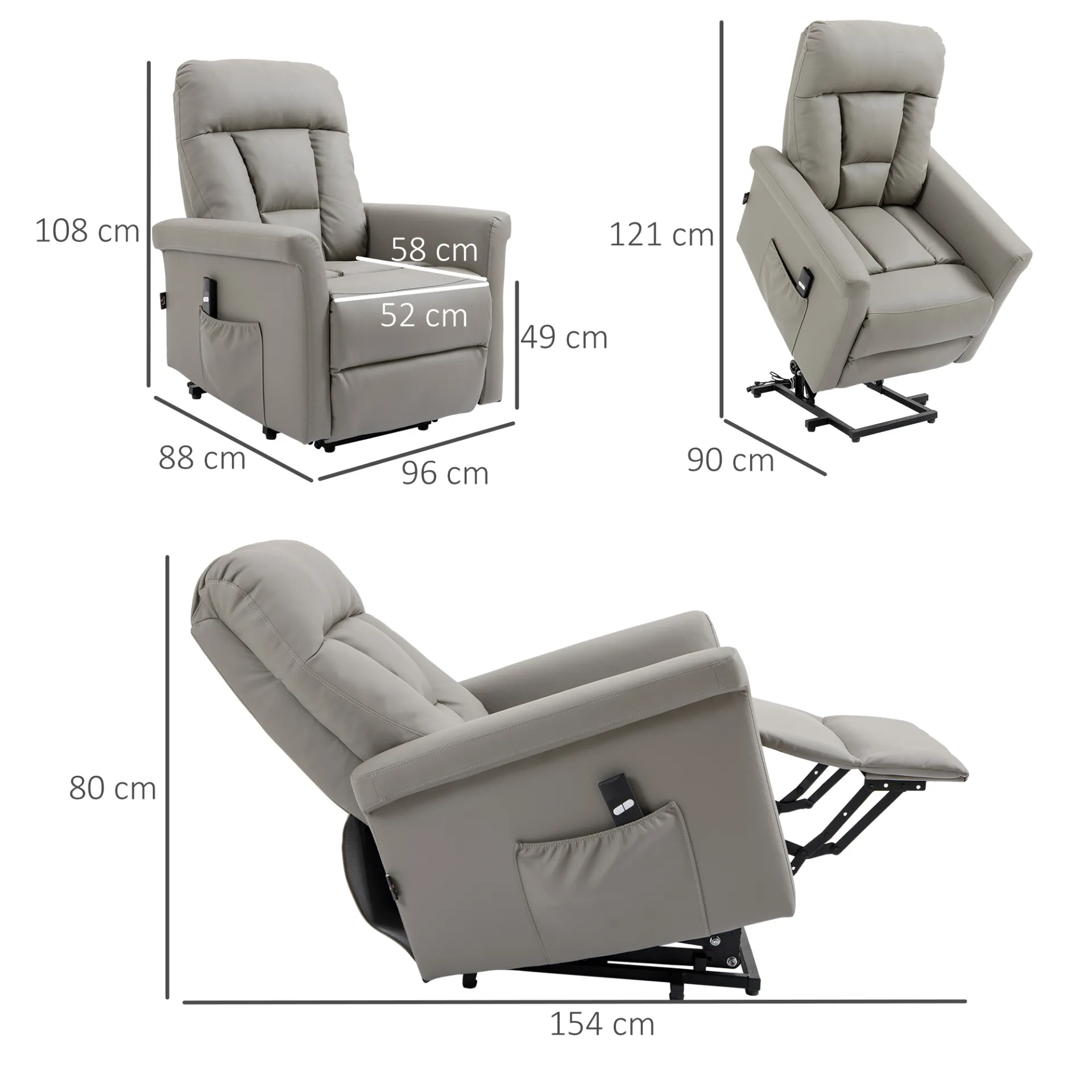 HOMCOM Power Lift Chair - Grey PU Leather Recliner Sofa for Elderly with Remote Control and Side Pocket
