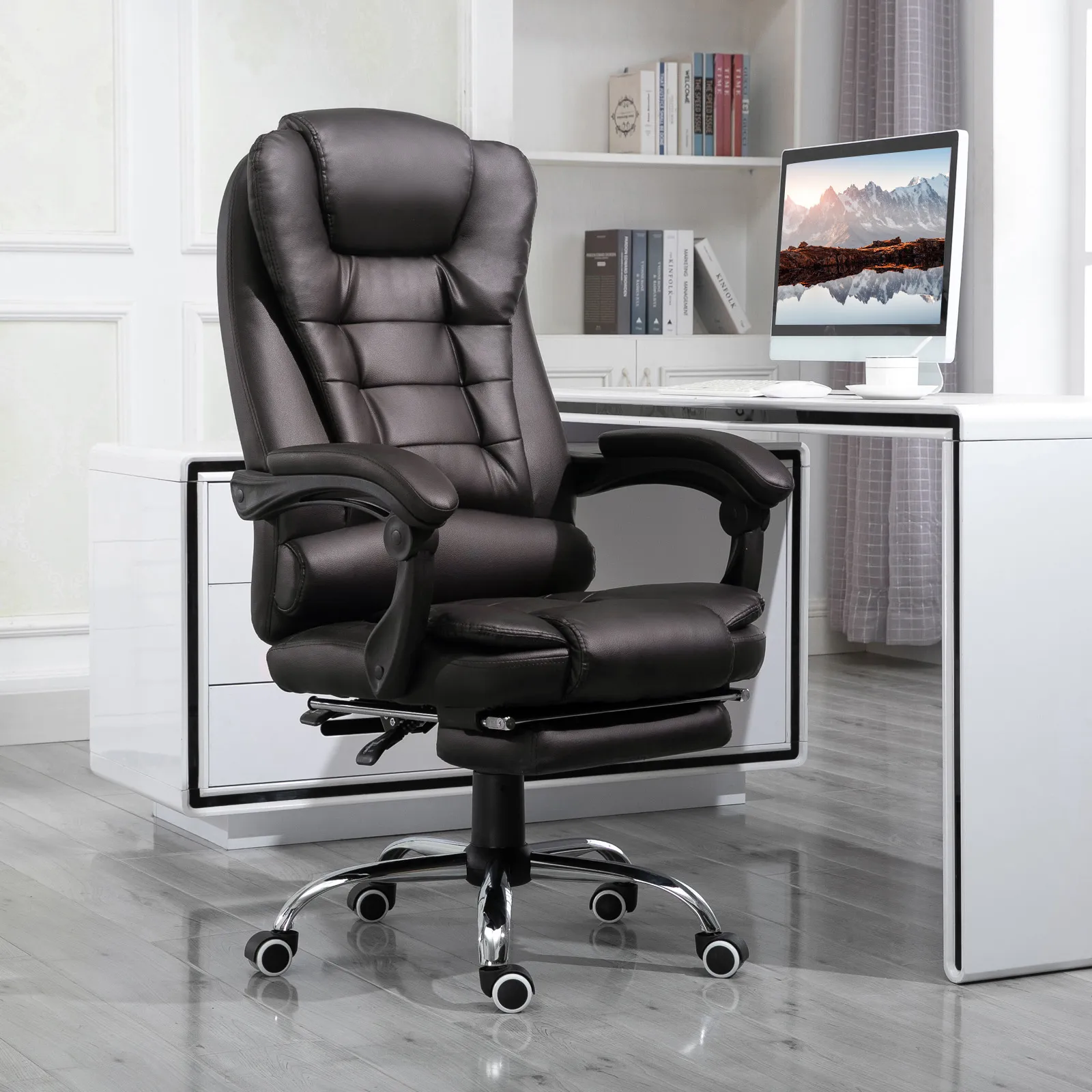 HOMCOM PU Leather Executive Office Chair | High Back, Swivel, Adjustable Height, Retractable Footrest, Reclining Function, Brown
