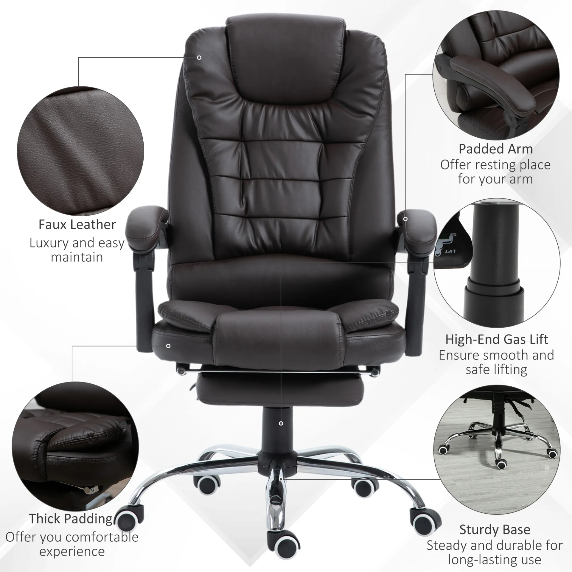 HOMCOM PU Leather Executive Office Chair | High Back, Swivel, Adjustable Height, Retractable Footrest, Reclining Function, Brown