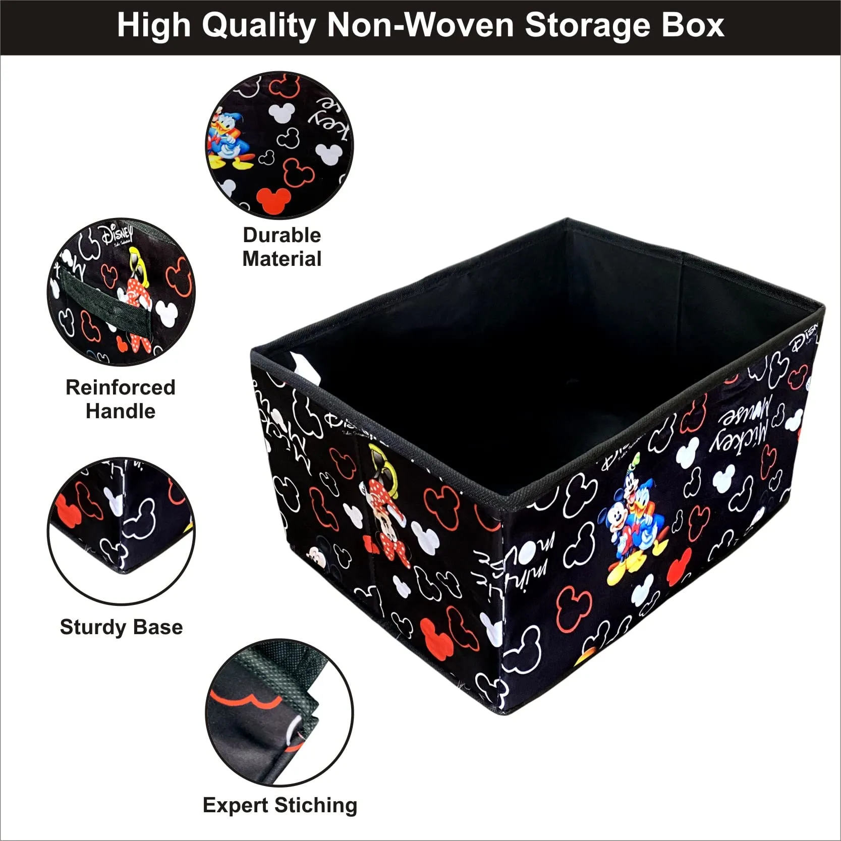 Homestic Pack of 4 Disney Print Foldable Storage Box|Drawer Wardrobe Organizer for Clothes|Closet Organizer for clothes, Toys, Books|Sturdy built with Reinforced Handle|Black|