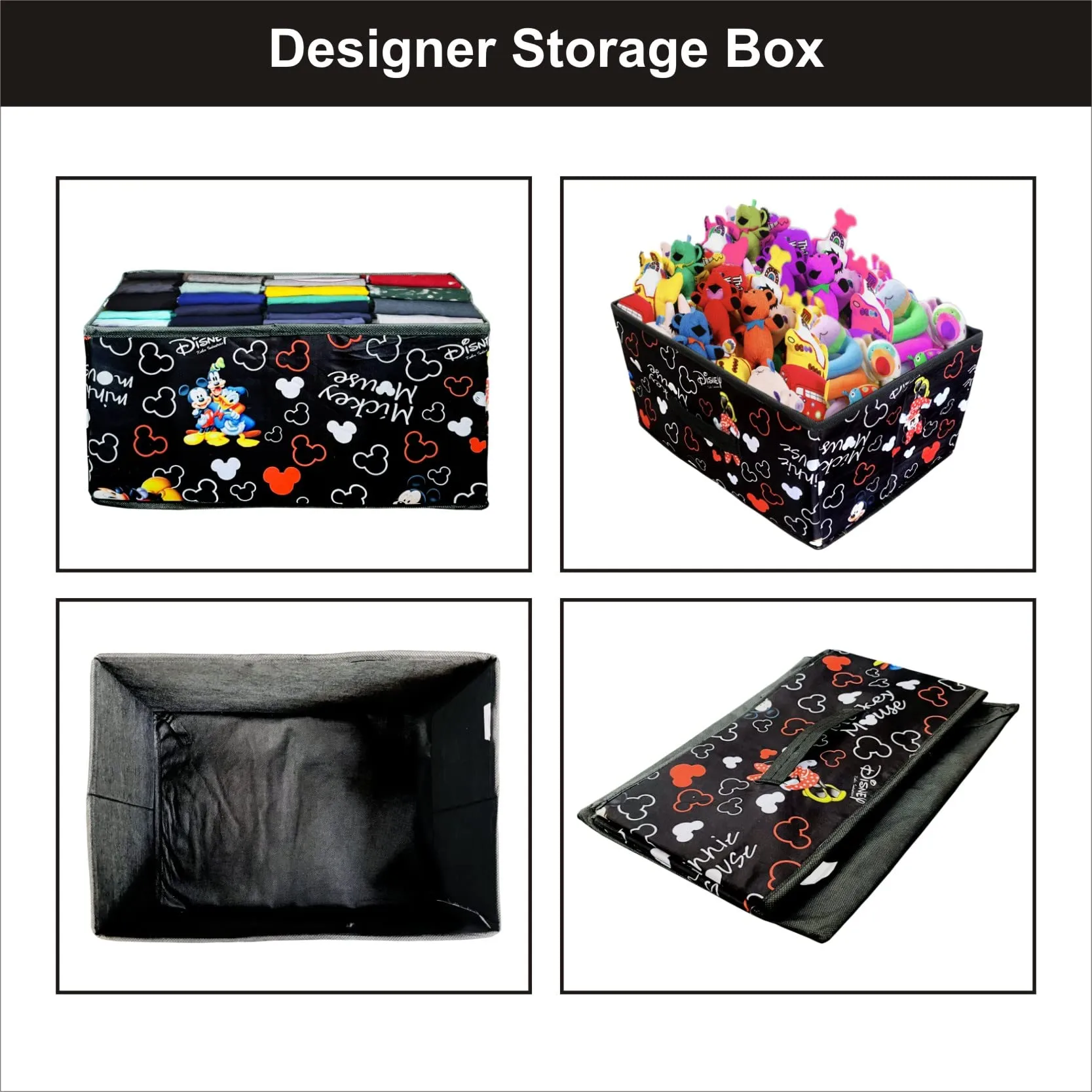Homestic Pack of 4 Disney Print Foldable Storage Box|Drawer Wardrobe Organizer for Clothes|Closet Organizer for clothes, Toys, Books|Sturdy built with Reinforced Handle|Black|