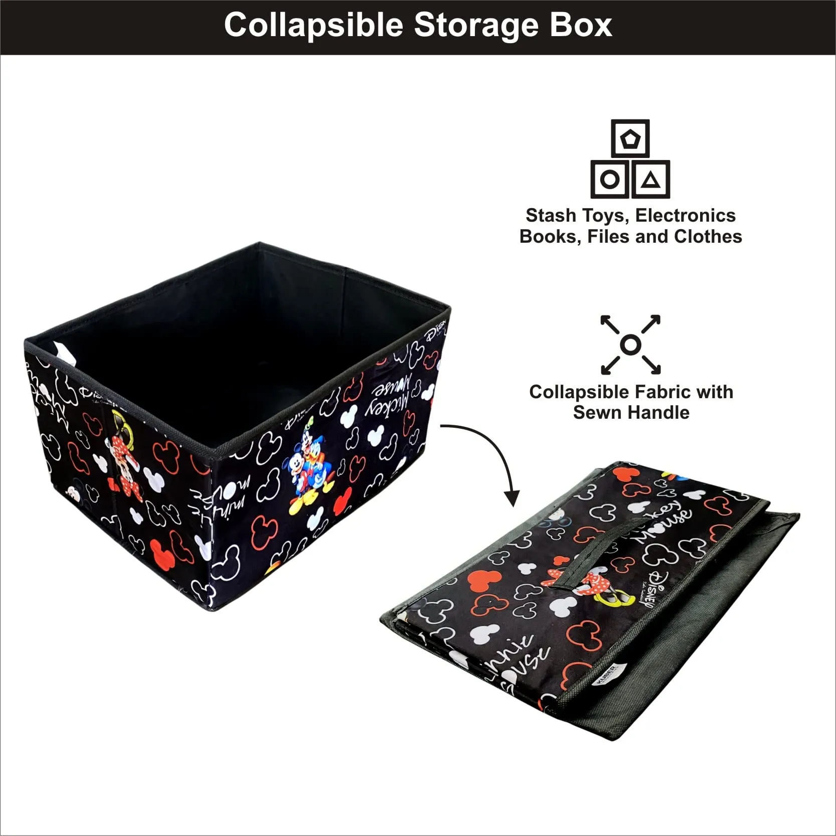 Homestic Pack of 4 Disney Print Foldable Storage Box|Drawer Wardrobe Organizer for Clothes|Closet Organizer for clothes, Toys, Books|Sturdy built with Reinforced Handle|Black|