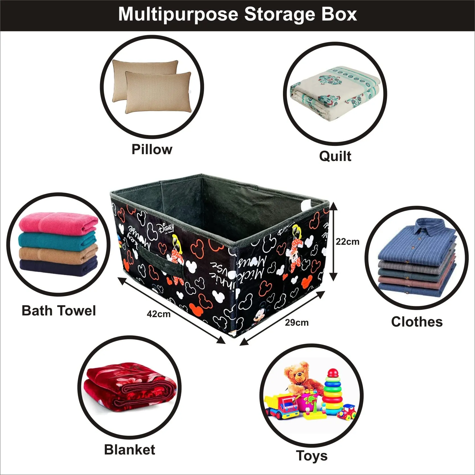 Homestic Pack of 4 Disney Print Foldable Storage Box|Drawer Wardrobe Organizer for Clothes|Closet Organizer for clothes, Toys, Books|Sturdy built with Reinforced Handle|Black|
