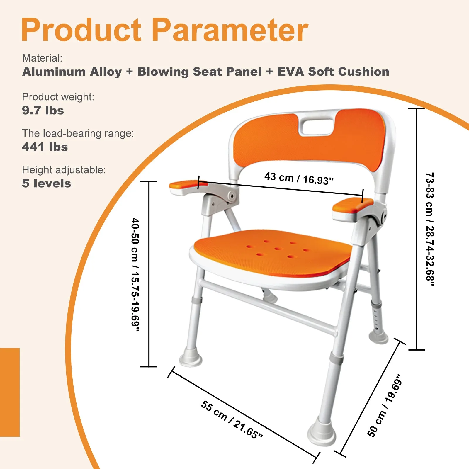 Instant-Fold Shower Chair w/ Adjustable Height & EVA Cushion
