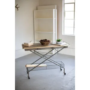 Kalalou - Recycled Wood Console Table W Metal Base Basket Casters