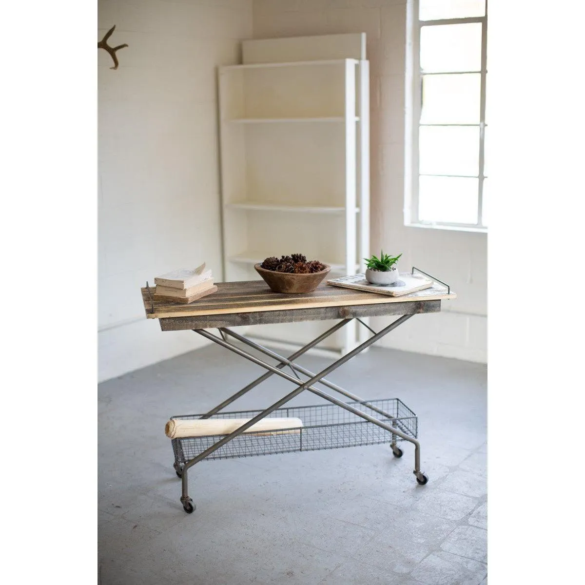 Kalalou - Recycled Wood Console Table W Metal Base Basket Casters