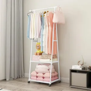 KriShyam® Dual Layer Cloth Rack | Single Hanging Rod with Wheels for Multi Purpose | White Color