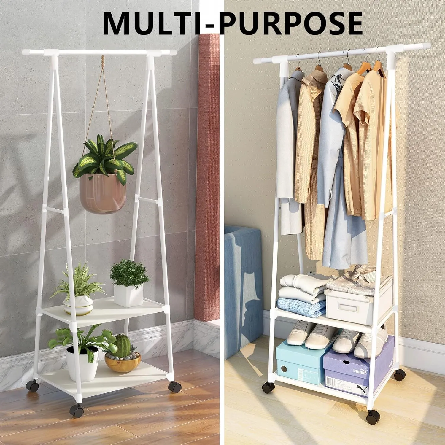 KriShyam® Dual Layer Cloth Rack | Single Hanging Rod with Wheels for Multi Purpose | White Color
