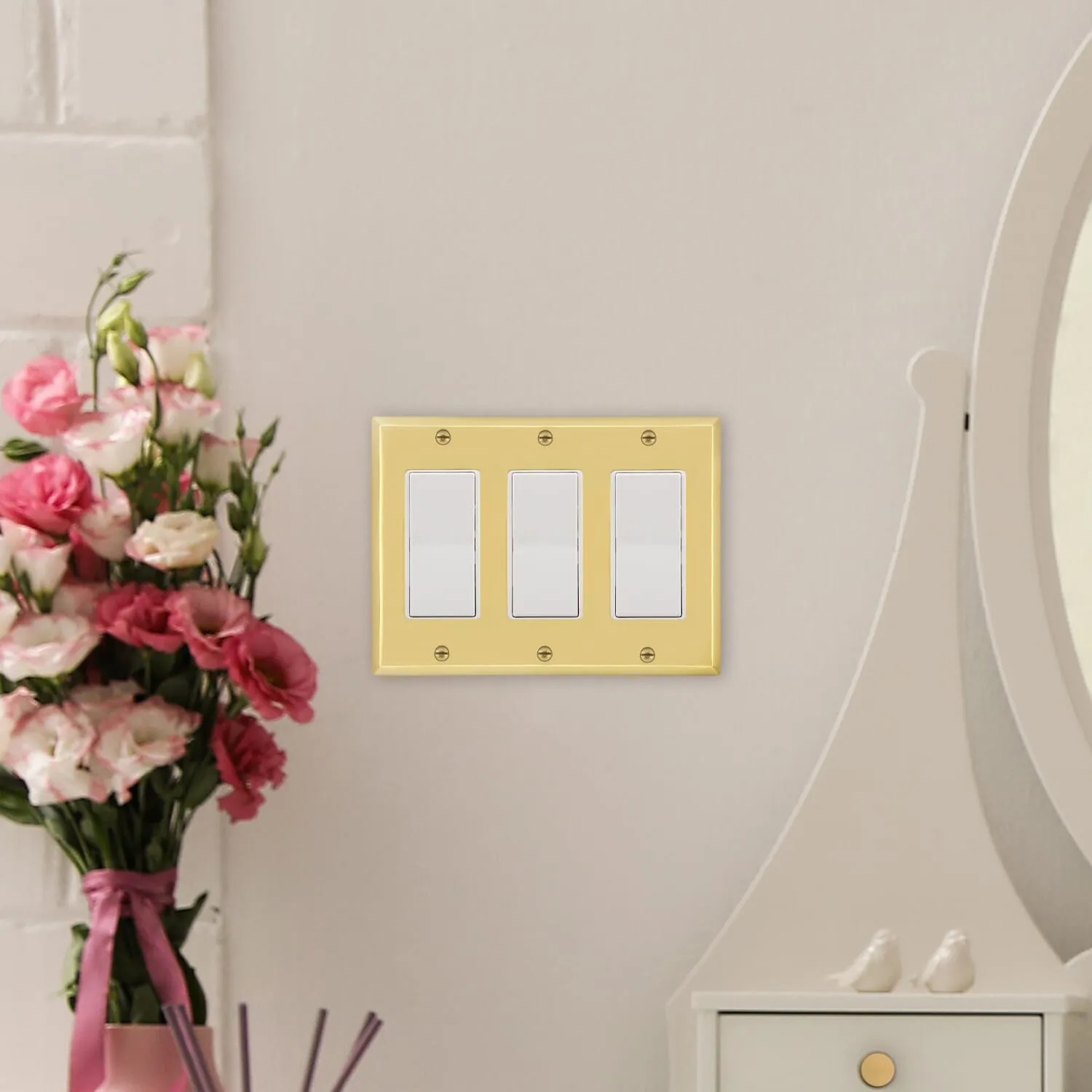 New York Switch Plate with Triple Rocker in Unlacquered Brass