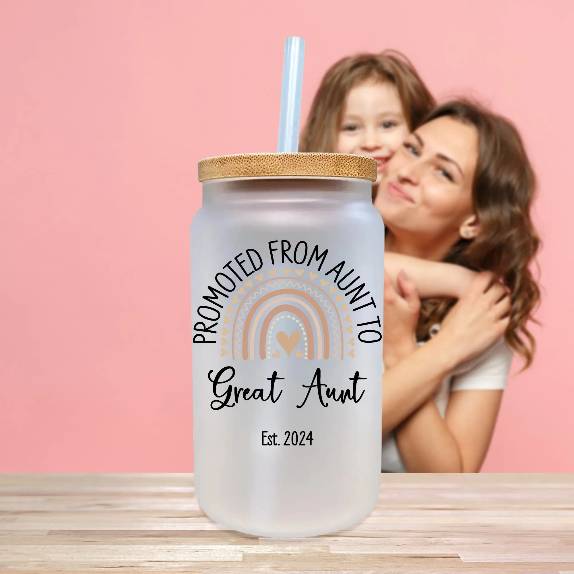 Promoted From Aunt To Great Aunt EST Year 2024 Frosted Can Glass Birthday Gift For Auntie Coffee Cup New Auntie Gift Cup (GAG1001)