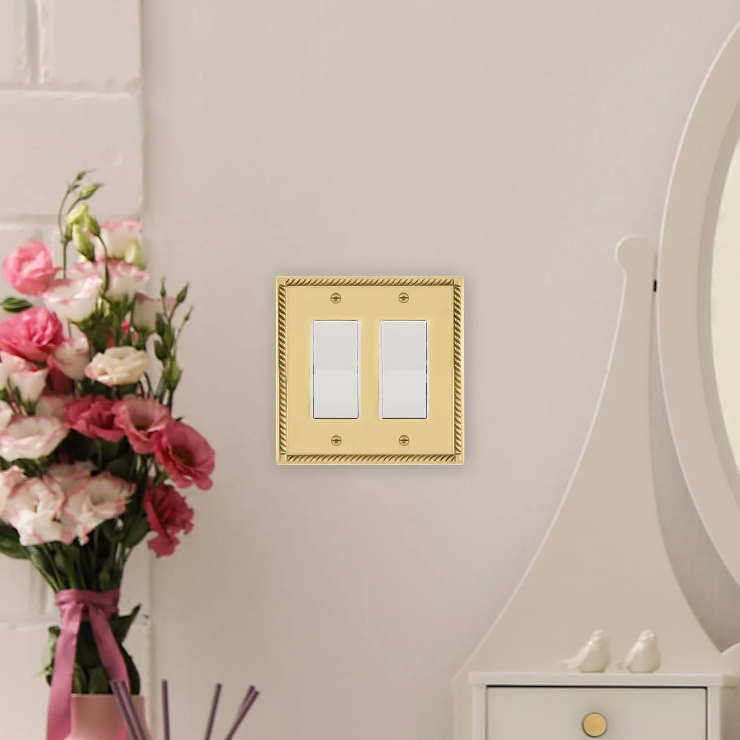 Rope Switch Plate with Double Rocker in Polished Brass