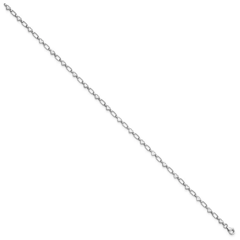 Sterling Silver Rhodium-plated Heart Link 10in Anklet