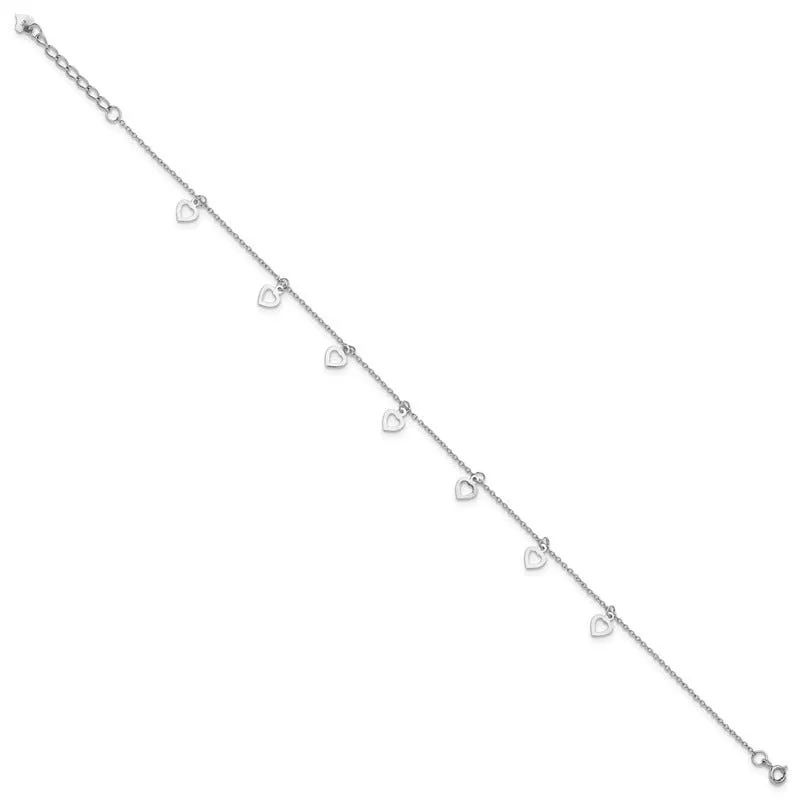 Sterling Silver Rhodium-plated Polished Heart 9.5in Plus 1in ext. Anklet